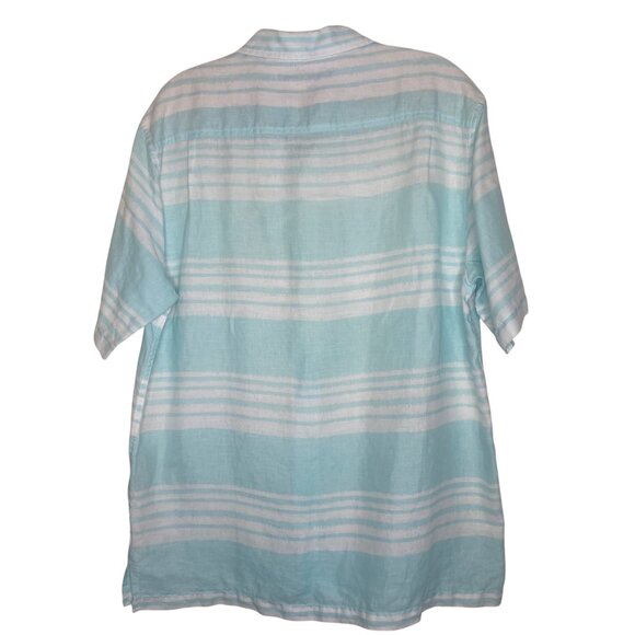 Caribbean 100% Linen Button Up Shirt Mens L Blue Striped Short Sleeve Coastal Re - Picture 4 of 9